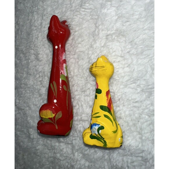 Folk Art Hand Painted Long Neck Cat Figurines 4” & 2.5” VTG MCM Anthropomorphic - Picture 12 of 16